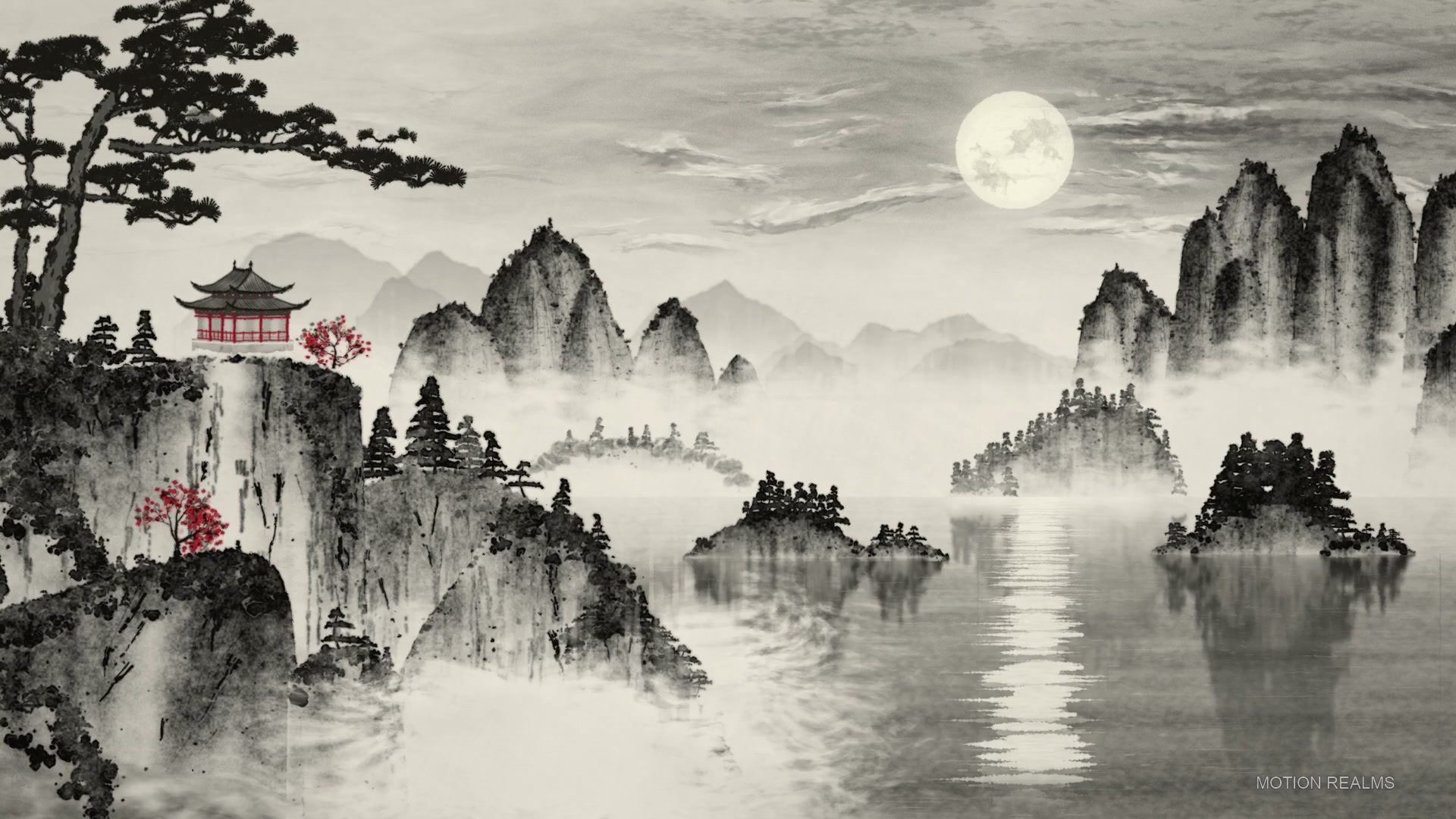Ink wash Moon over the lake live wallpaper