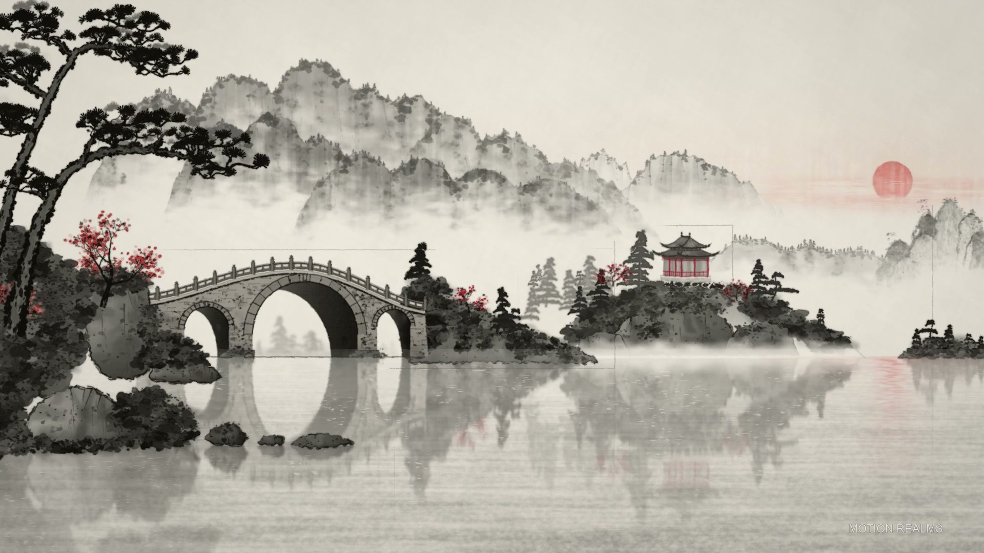 Ink wash Stone bridge, red sun live wallpaper