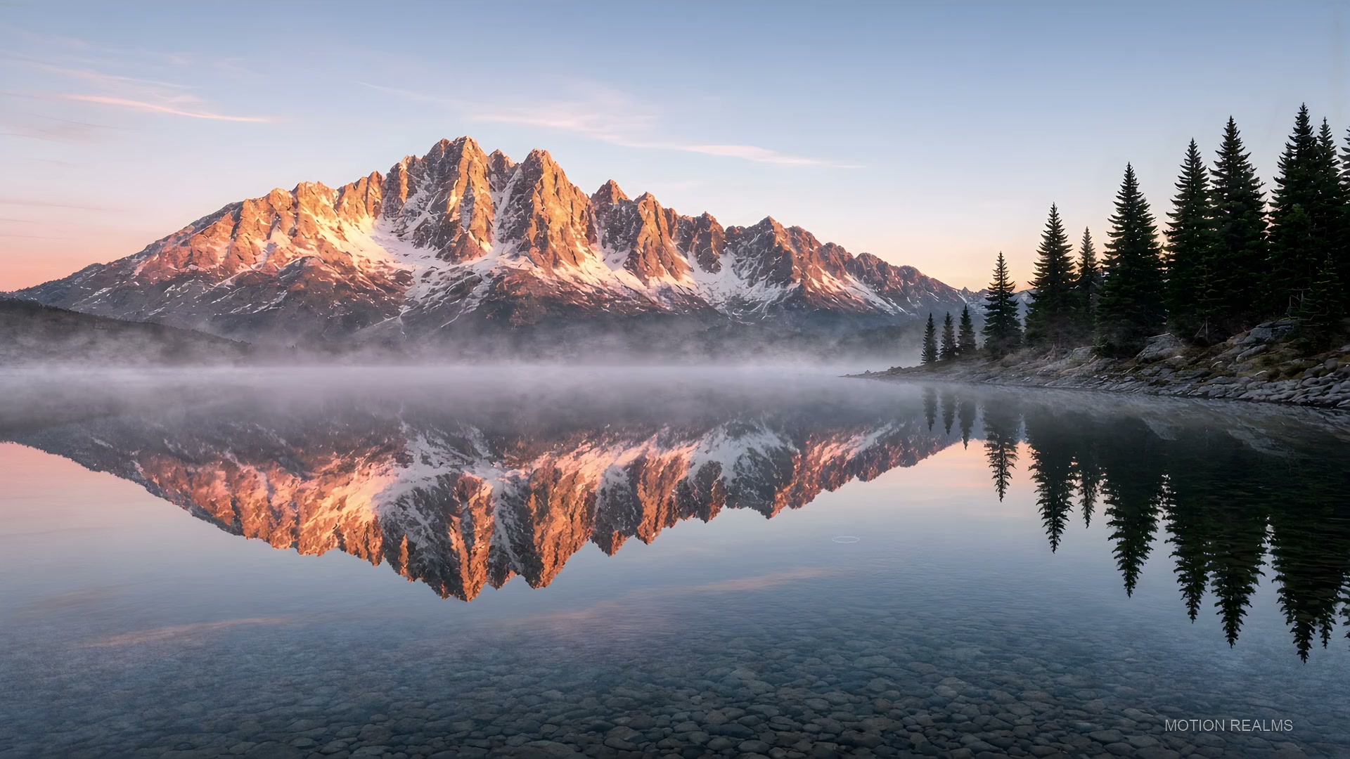 Alpine mountains reflected in a still lake