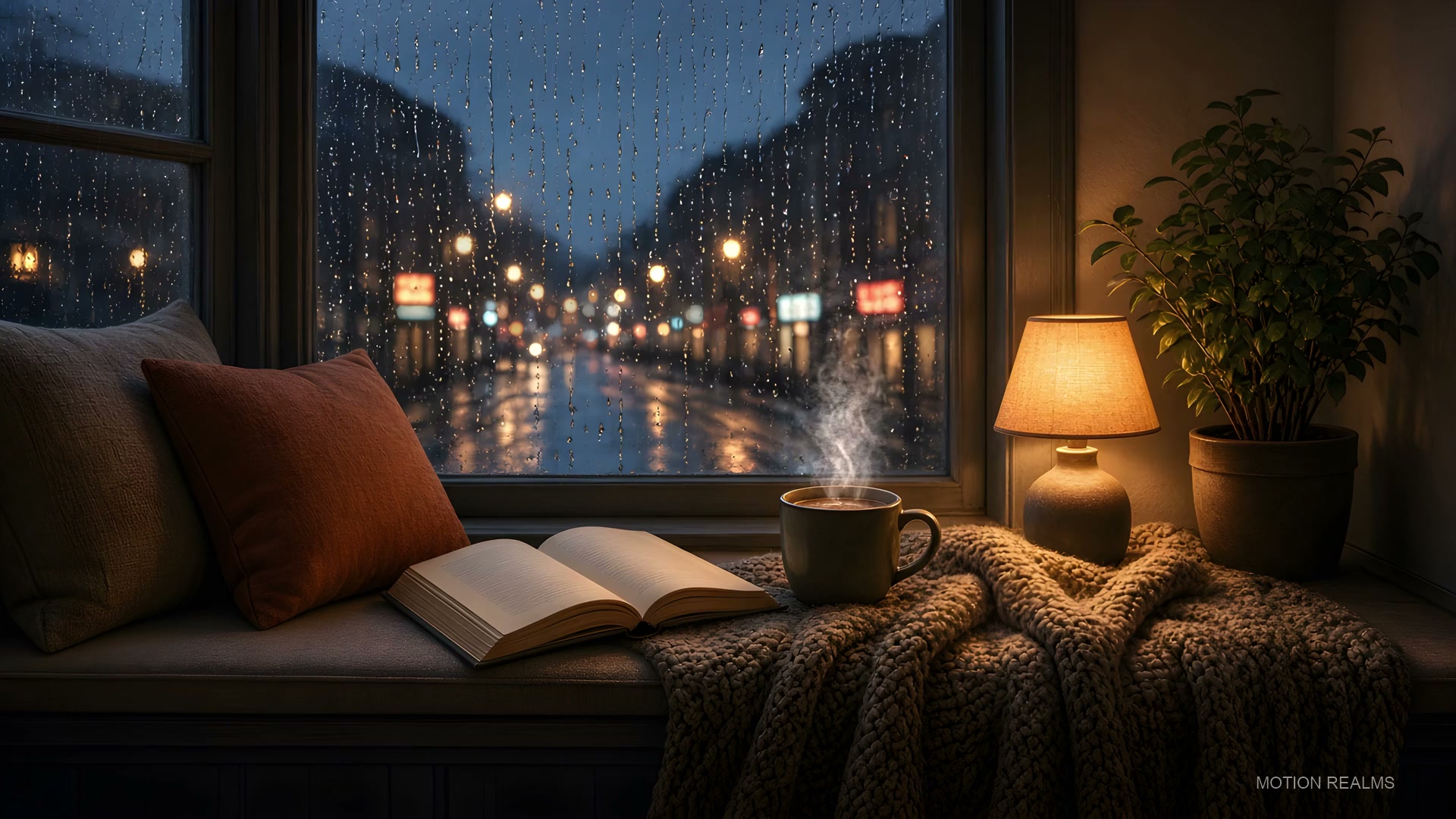 Rain falling against a cozy window