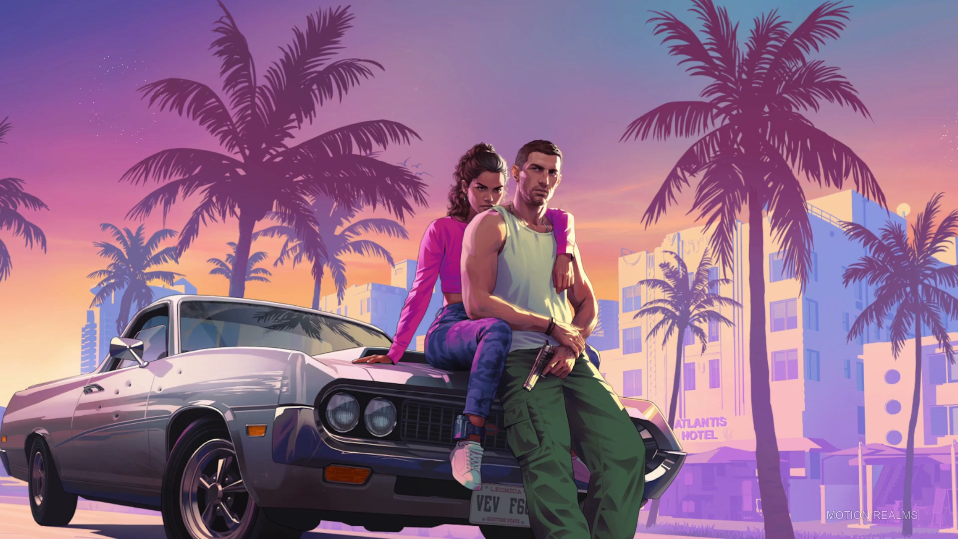 GTA 6 Vice City skyline at a pink tropical sunset
