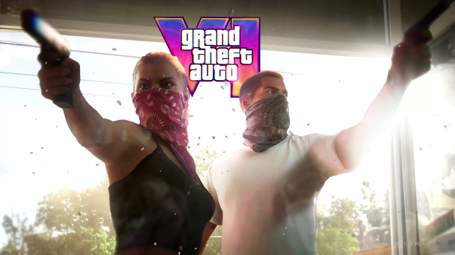 GTA 6 characters and tropical Vice City scenery